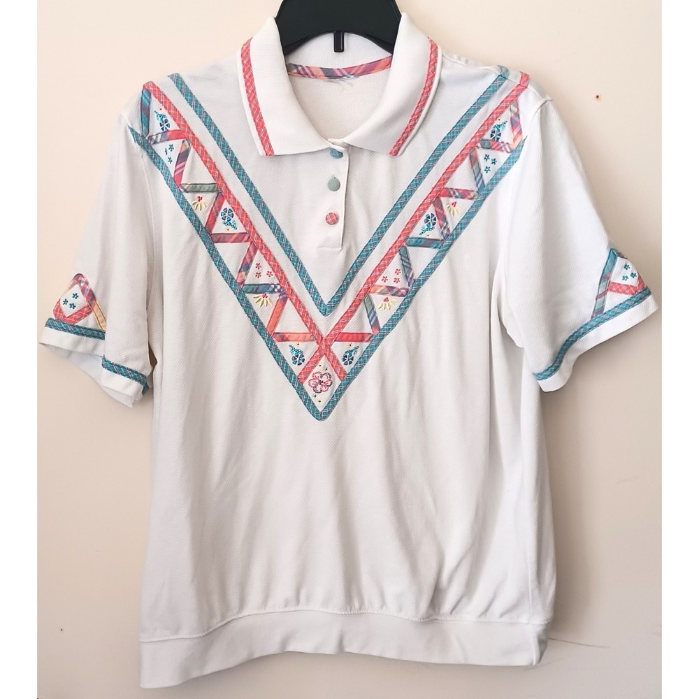 Vtg Women White Golf Polo Shirt Geometric Pastel Embroidered Retro Top Sz 16/18